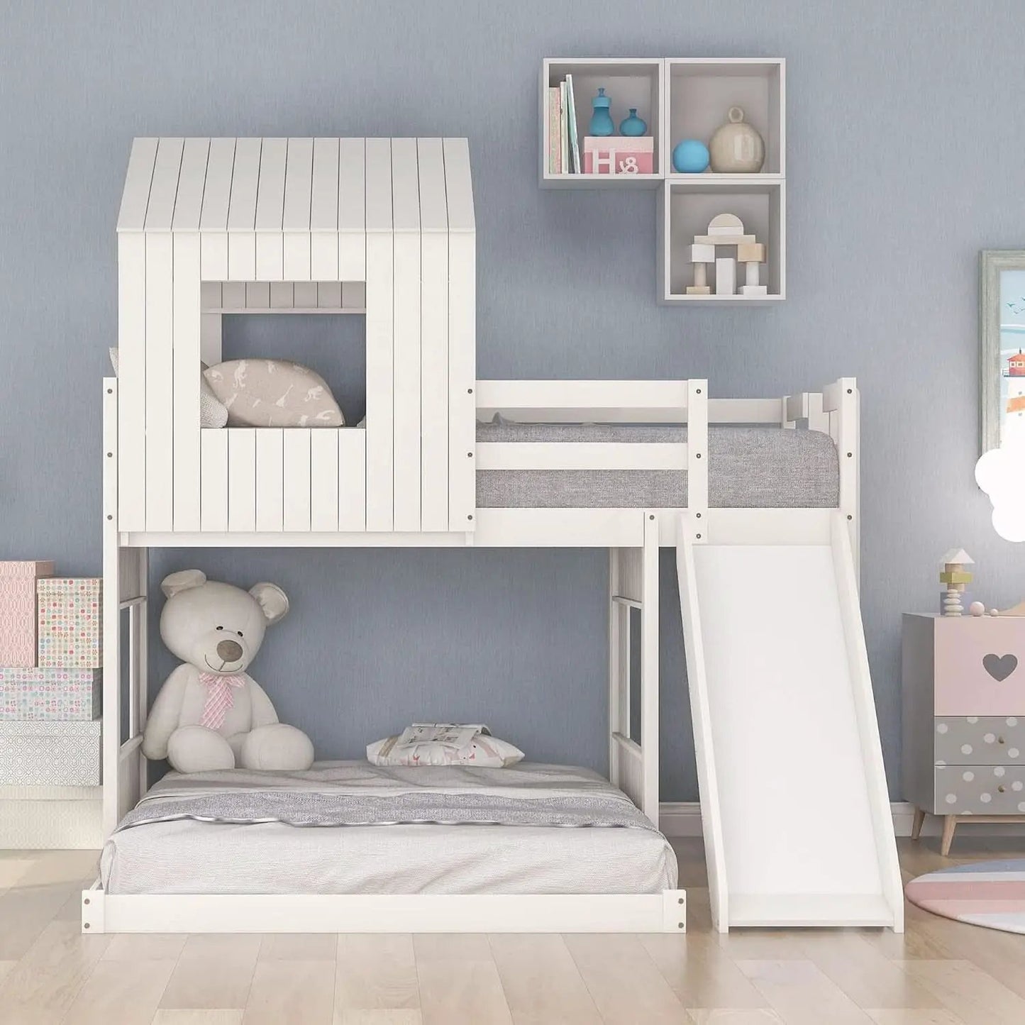 Twin Over Full Bunk Bed With Slide With Guardrails White from PriceLows™