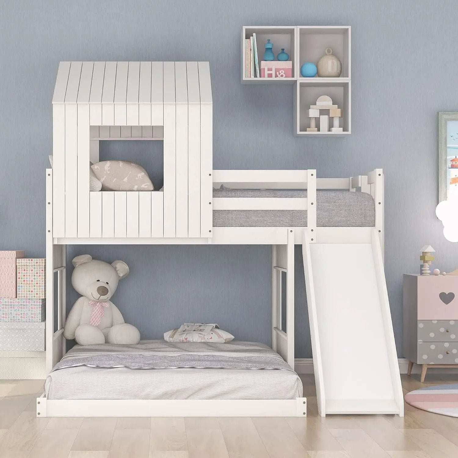 Twin Over Full Bunk Bed With Slide With Guardrails White from PriceLows™