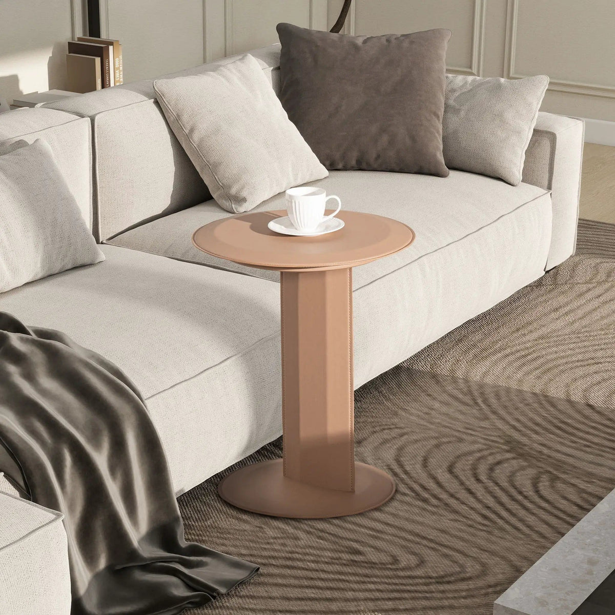 Mode Leatherette Round C-Shaped Sofa Side Table | 18 x 18 x 22.5 in | Living Room Furniture | Saddle Brown