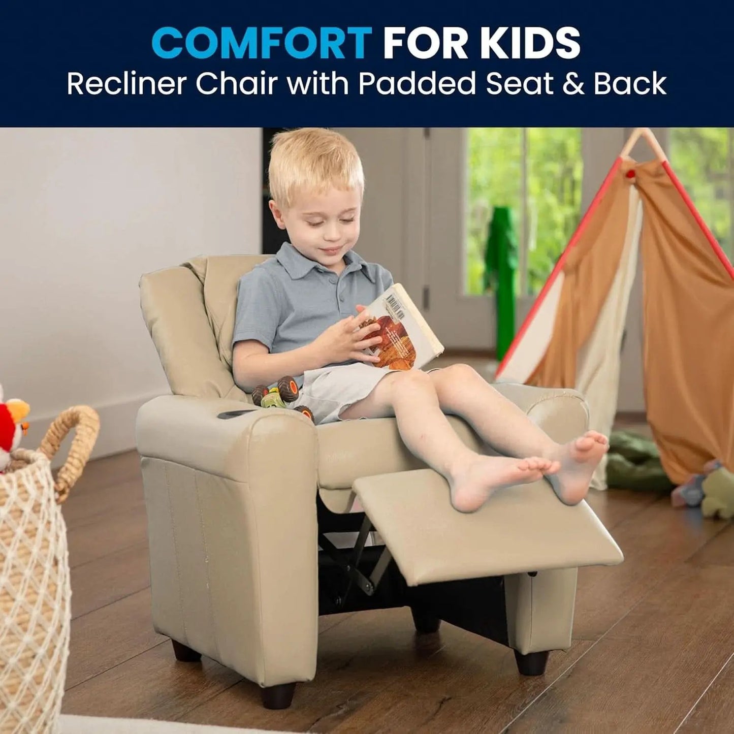 Beige Kids Recliner With Cup Holder For Cozy Seating from PriceLows™