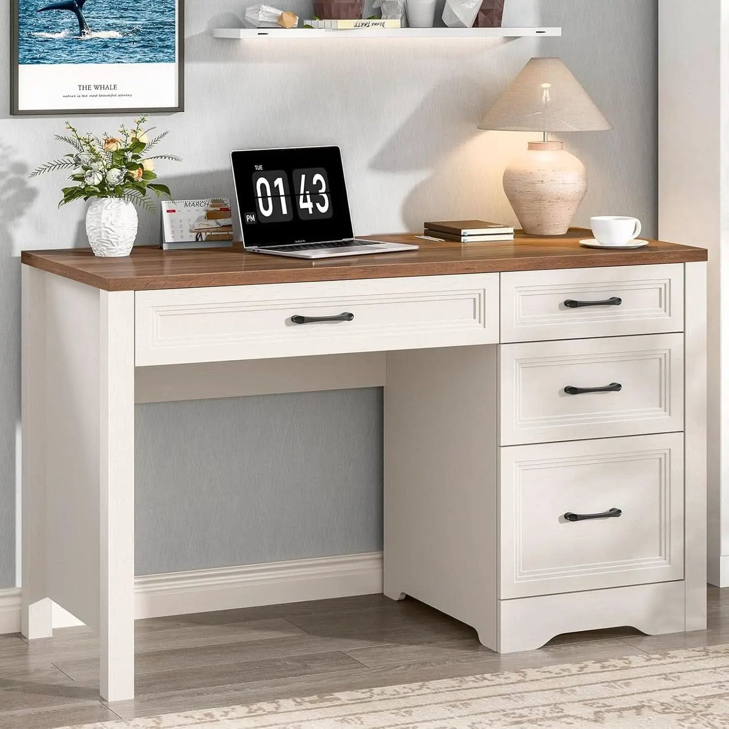 White Farmhouse Executive Desk With Storage And File Drawer from PriceLows™