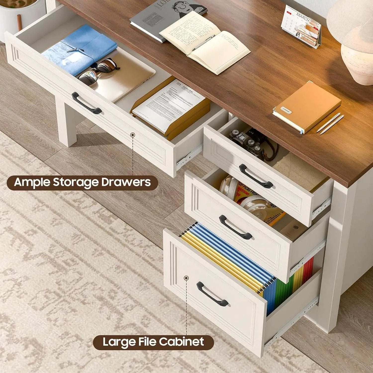 White Farmhouse Executive Desk With Storage And File Drawer from PriceLows™