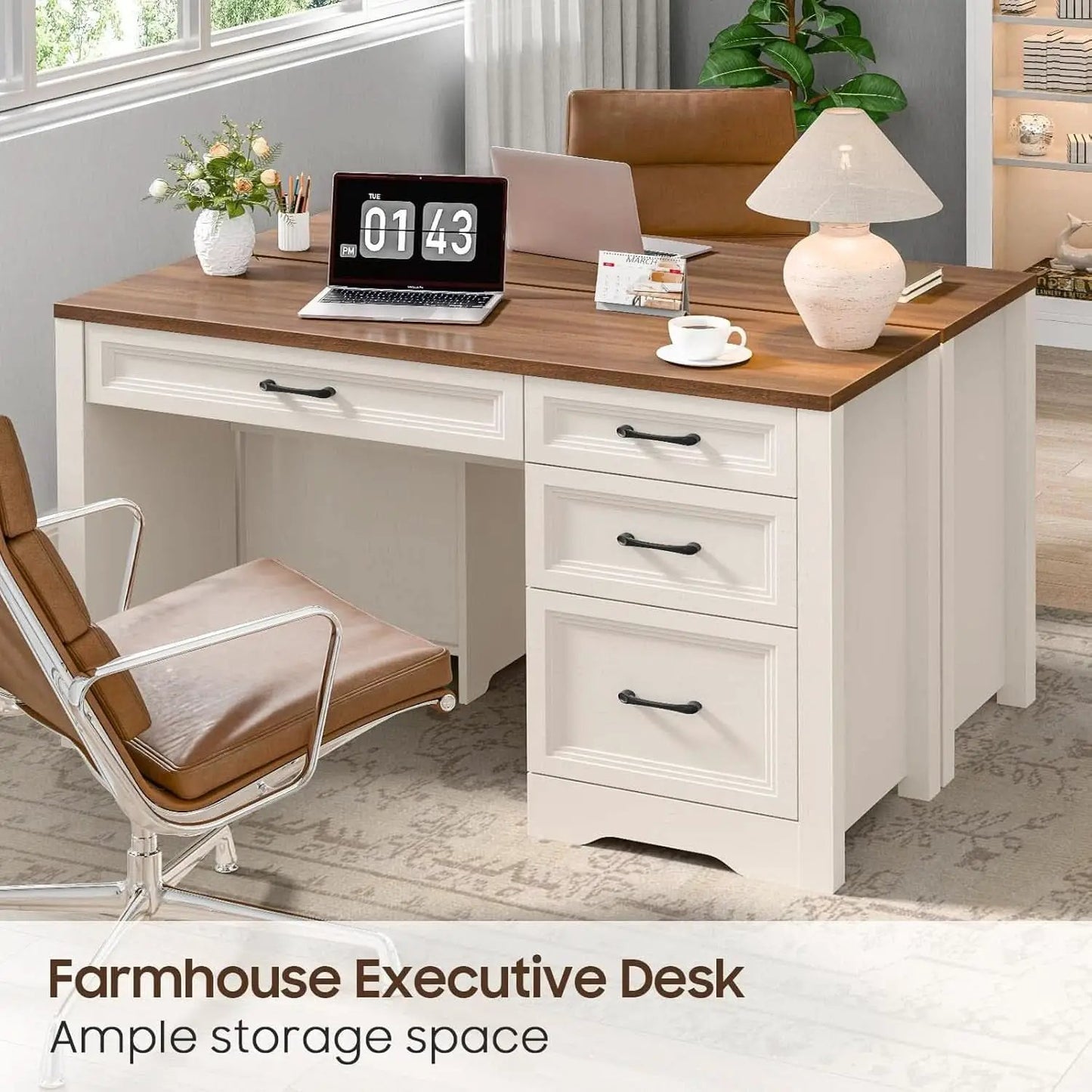 White Farmhouse Executive Desk With Storage And File Drawer from PriceLows™