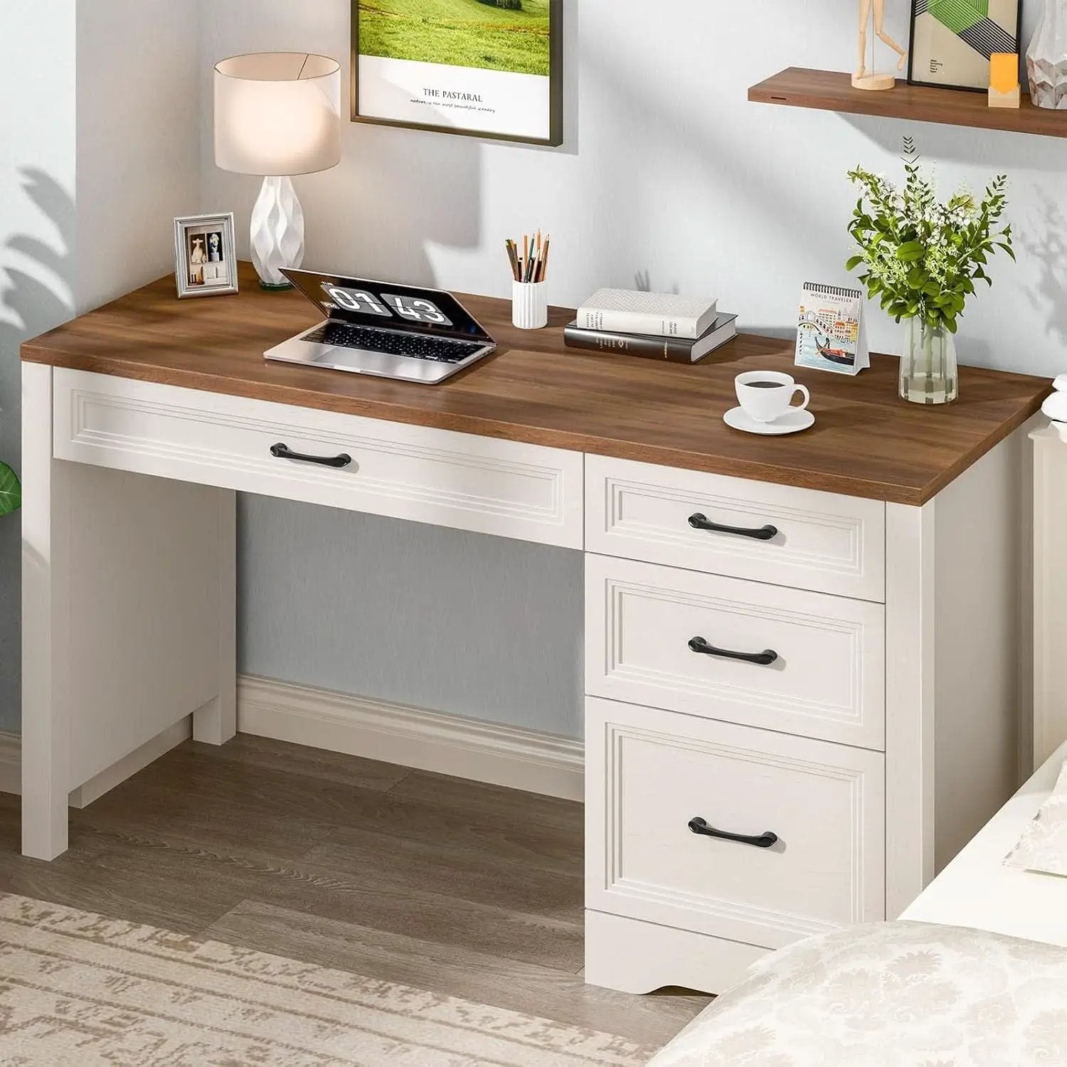White Farmhouse Executive Desk With Storage And File Drawer from PriceLows™