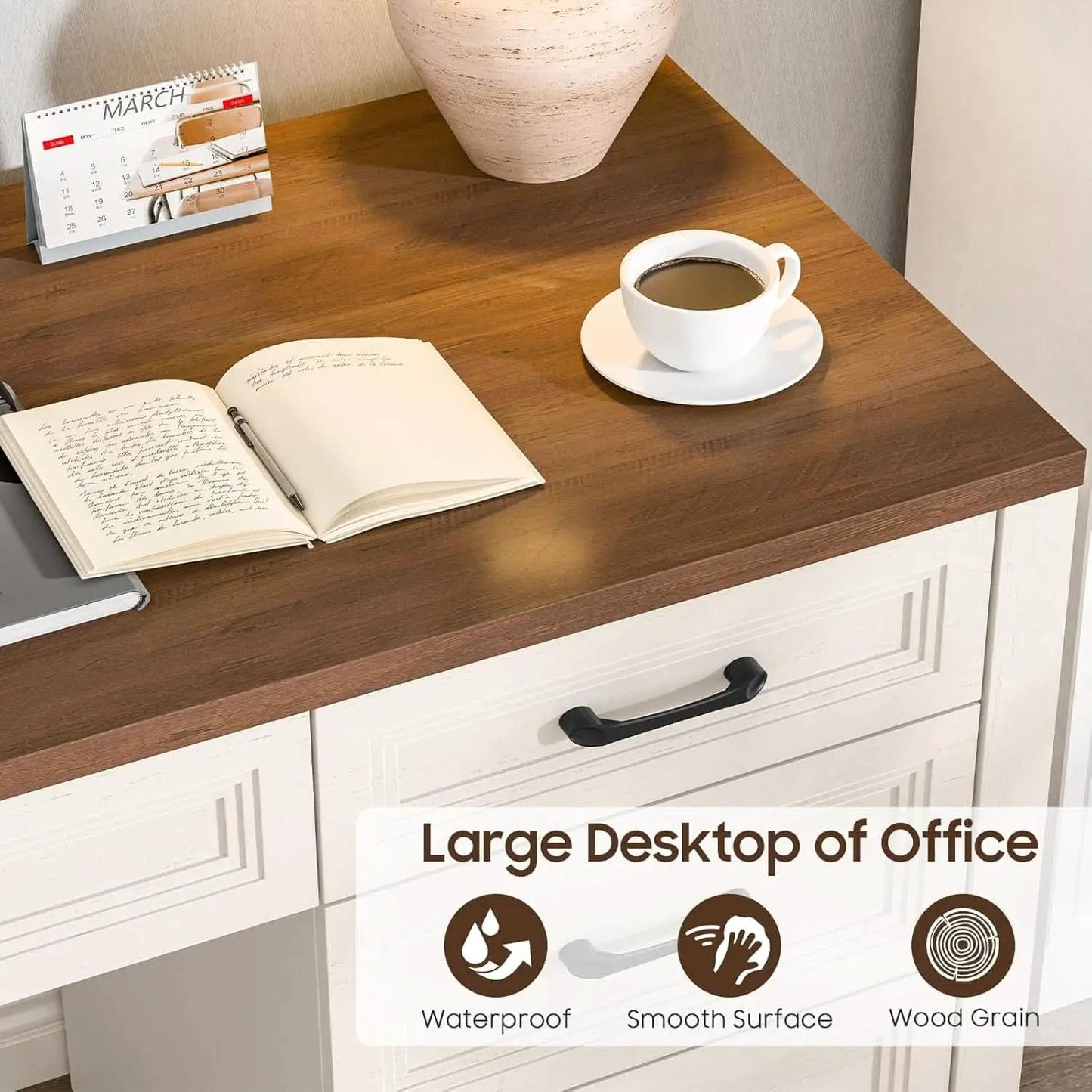 White Farmhouse Executive Desk With Storage And File Drawer from PriceLows™