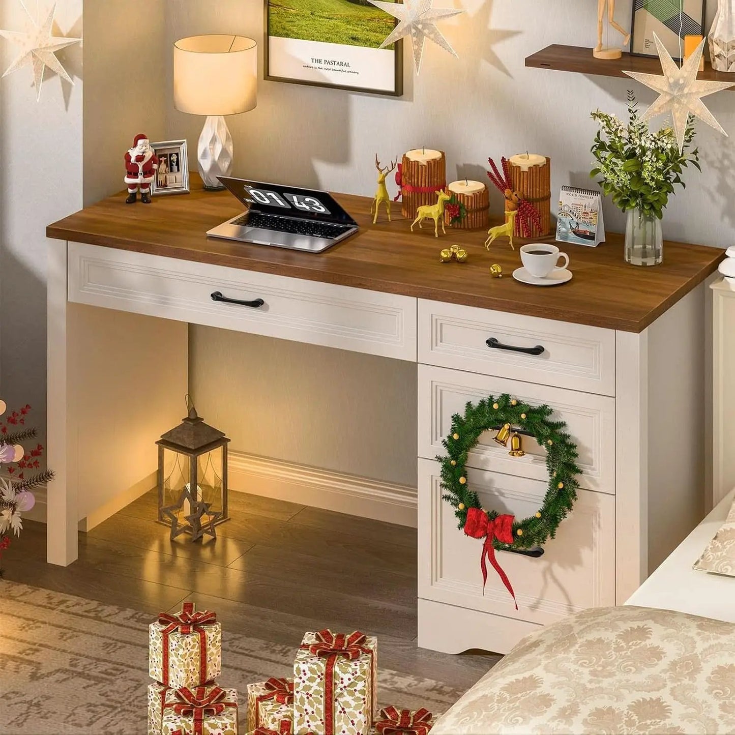 White Farmhouse Executive Desk With Storage And File Drawer from PriceLows™