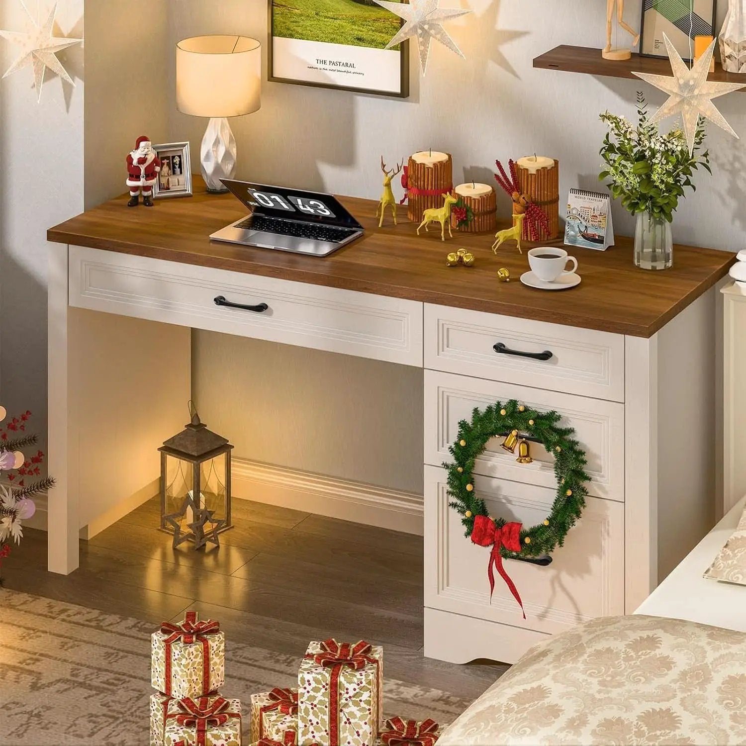 White Farmhouse Executive Desk With Storage And File Drawer from PriceLows™