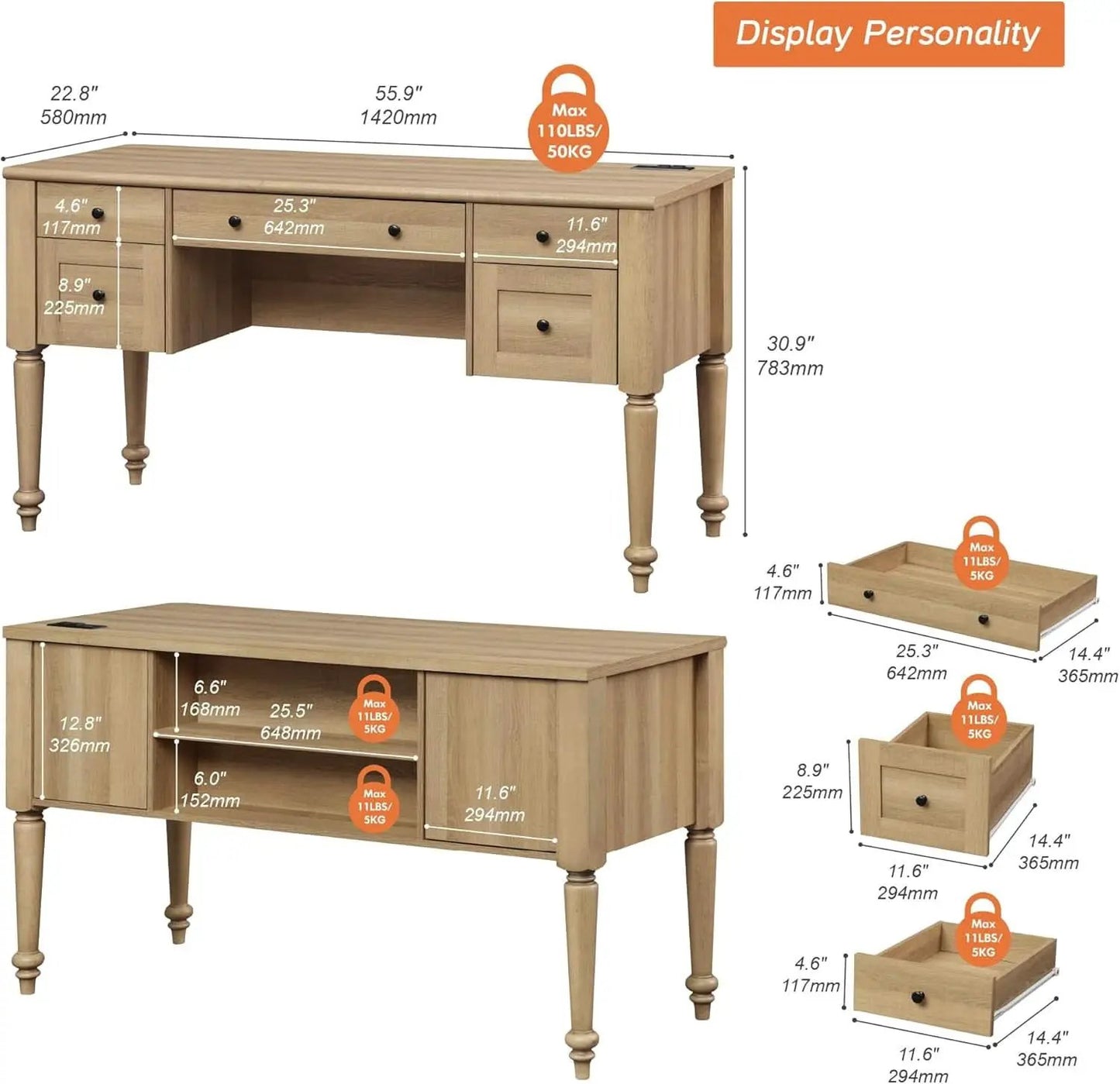Farmhouse Executive Desk with Storage and Charging Station from PriceLows™
