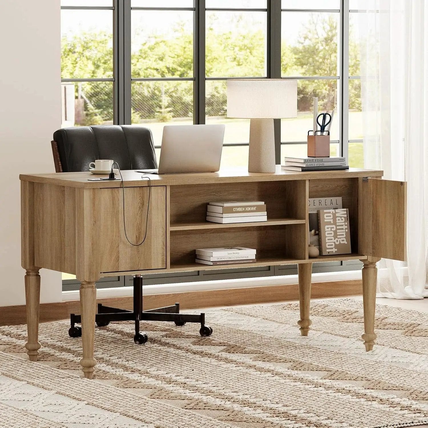 Farmhouse Executive Desk with Storage and Charging Station from PriceLows™