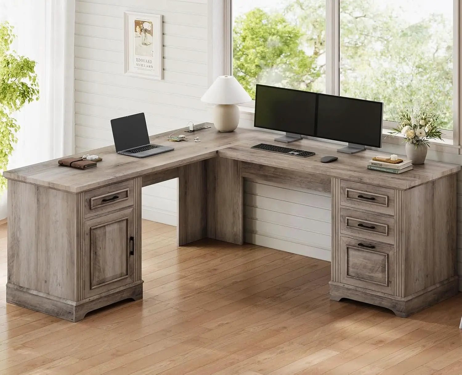 Grey L Shaped Desk With Power Outlet For Home Office from PriceLows™