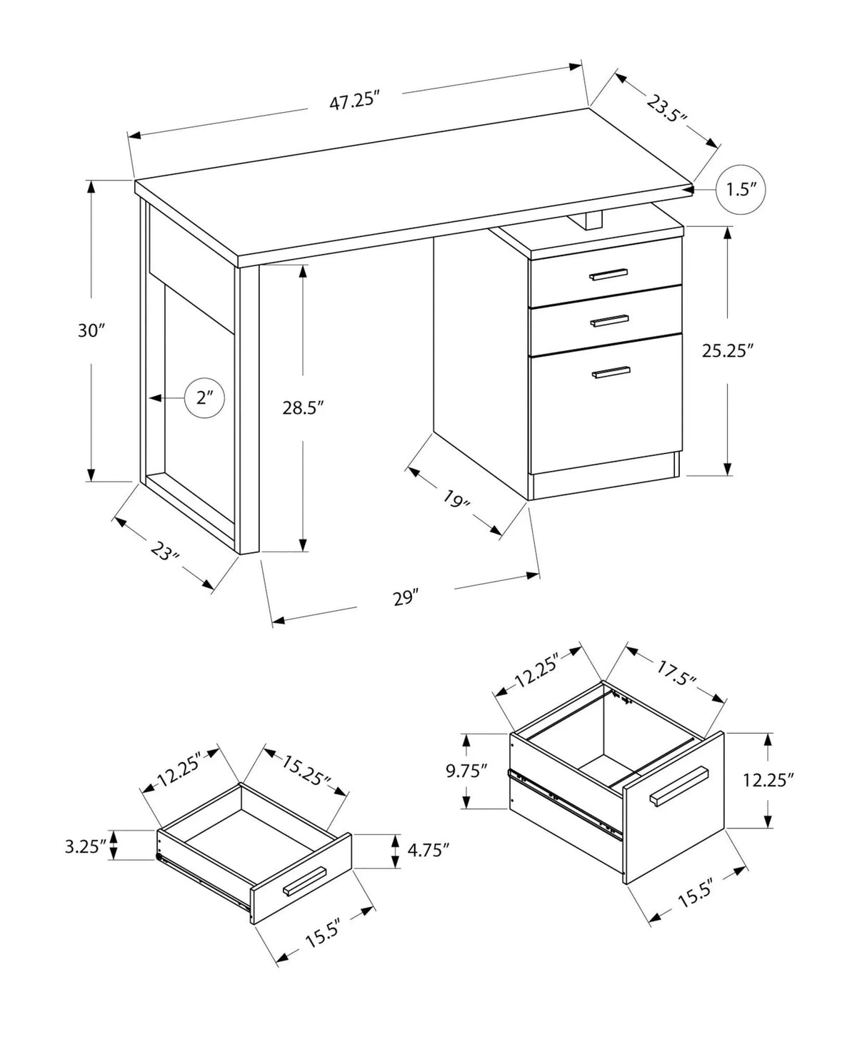 Reversible Computer Desk | Three Drawers | Left Or Right Set-Up | 47.25 Inch Length