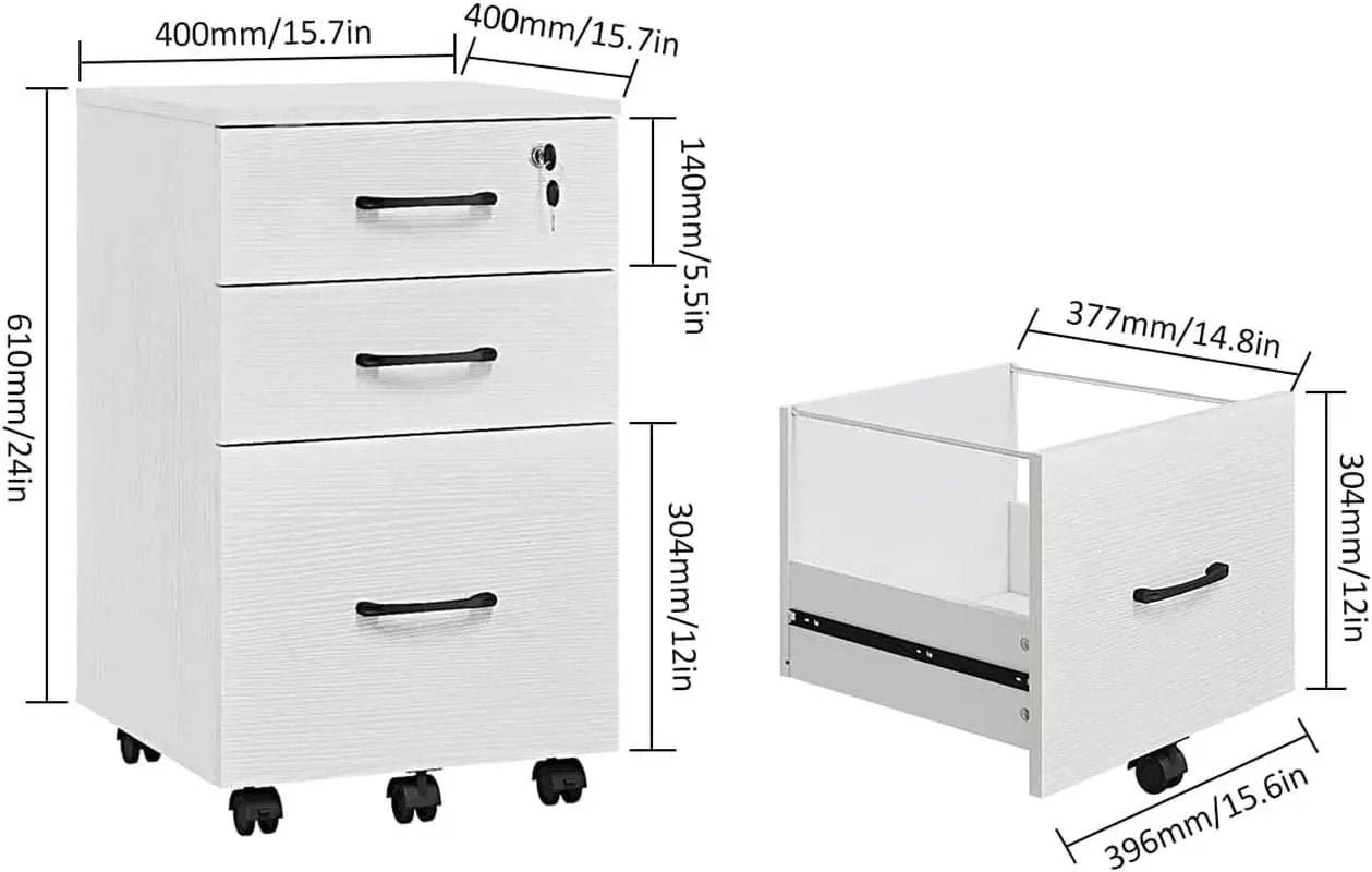 Three Drawer White Wood Mobile File Cabinet Under Desk Storage For Home Office Organization from PriceLows™