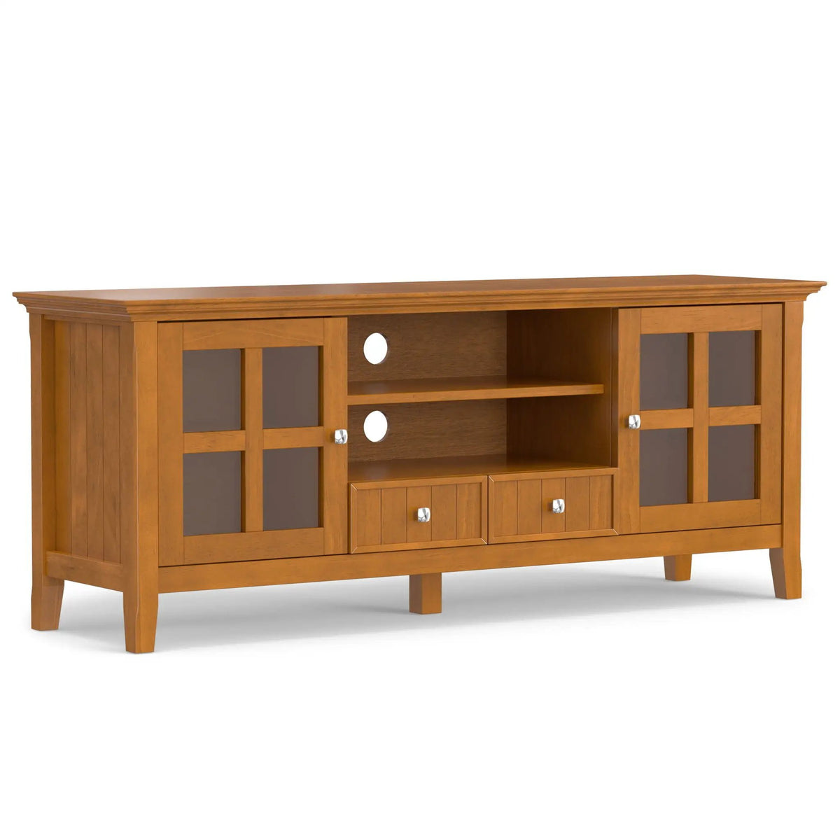 Acadian TV Media Stand | Handcrafted Solid Wood | 2 Bottom Drawers | Tempered Glass Side Cabinets