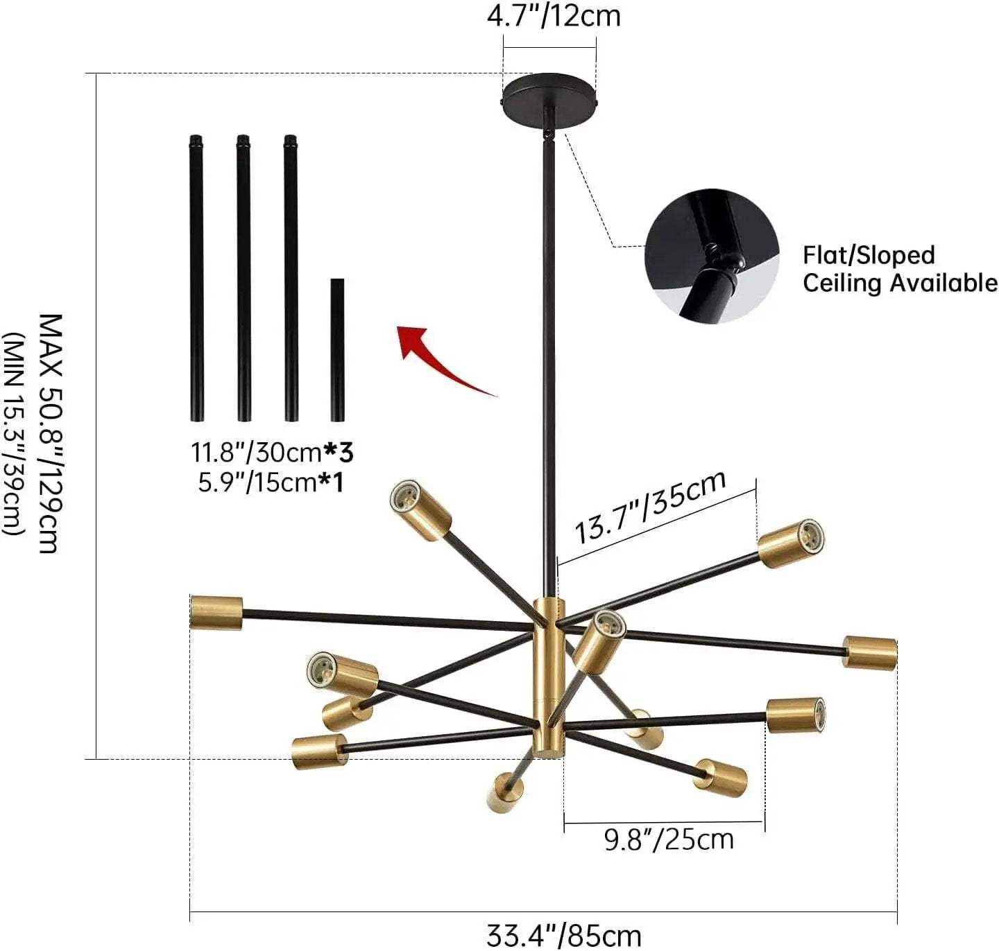 Gold Black Sputnik Chandelier 12 Light With Adjustable Height from PriceLows™