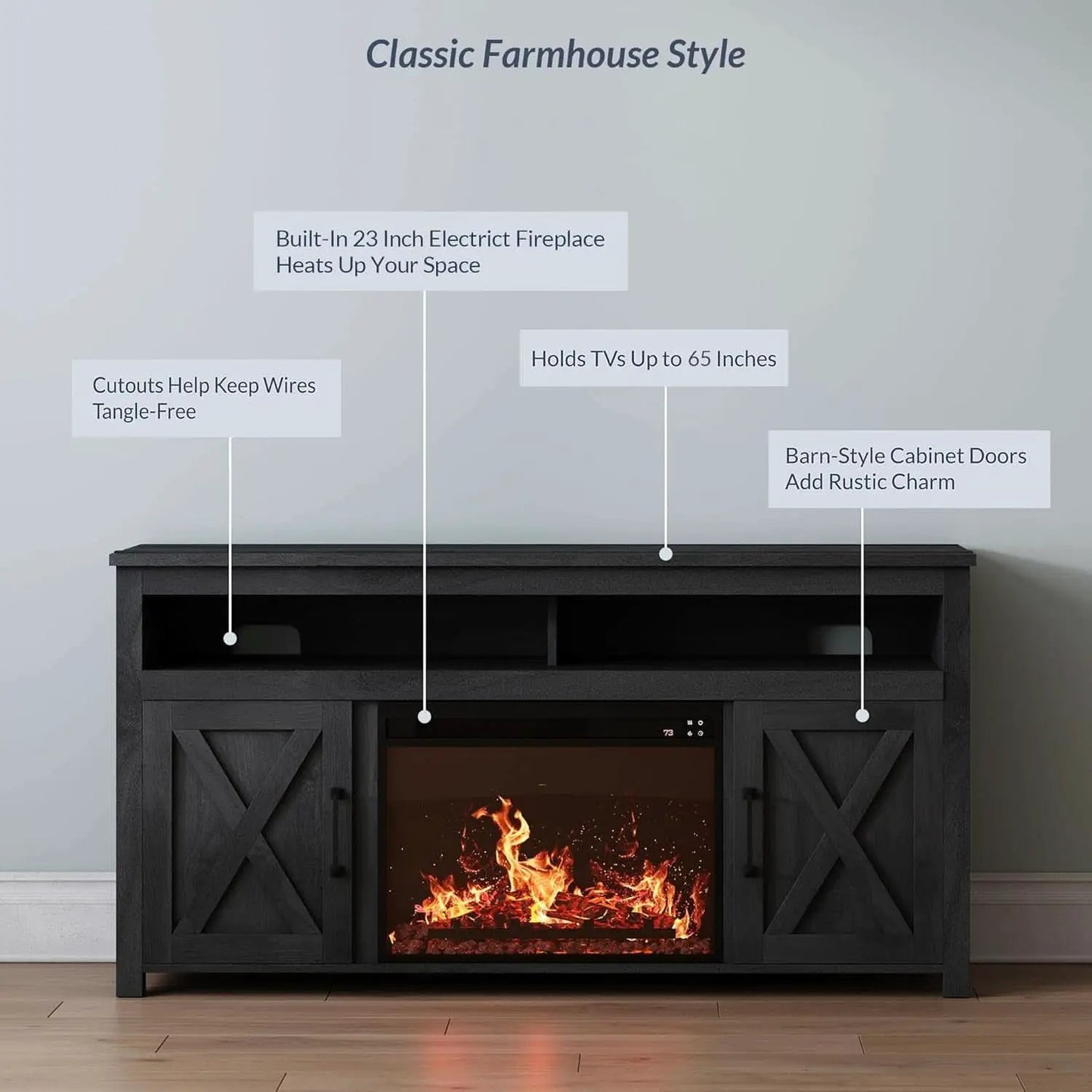 58 Inch Farmhouse TV Stand With Electric Fireplace Grey from PriceLows™