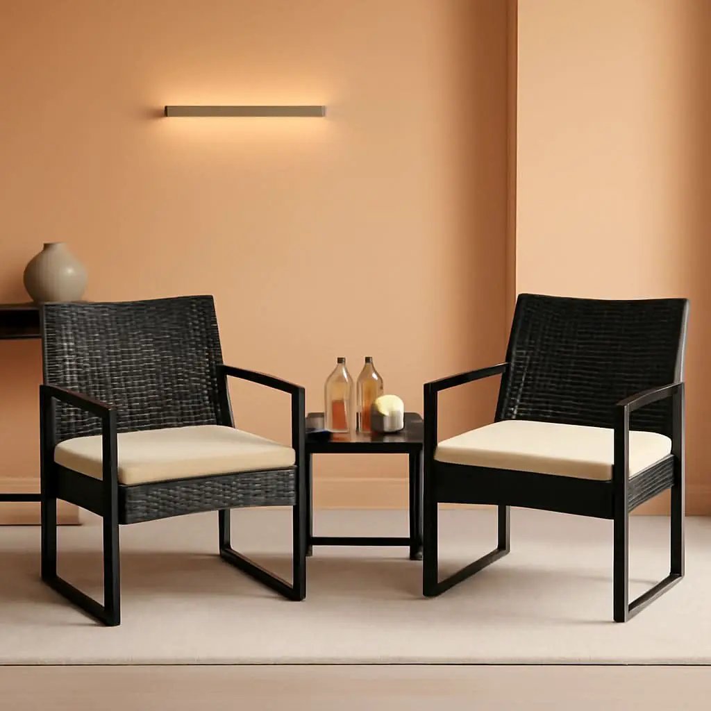 3 Piece Rattan Bistro Set Outdoor Furniture With 2 Chairs And Tempered Glass Coffee Table Black And Khaki from PriceLows™
