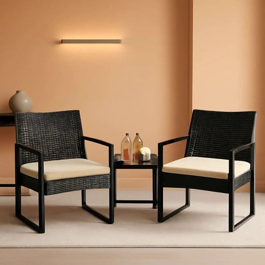 3 Piece Rattan Bistro Set Outdoor Furniture With 2 Chairs And Tempered Glass Coffee Table Black And Khaki from PriceLows™
