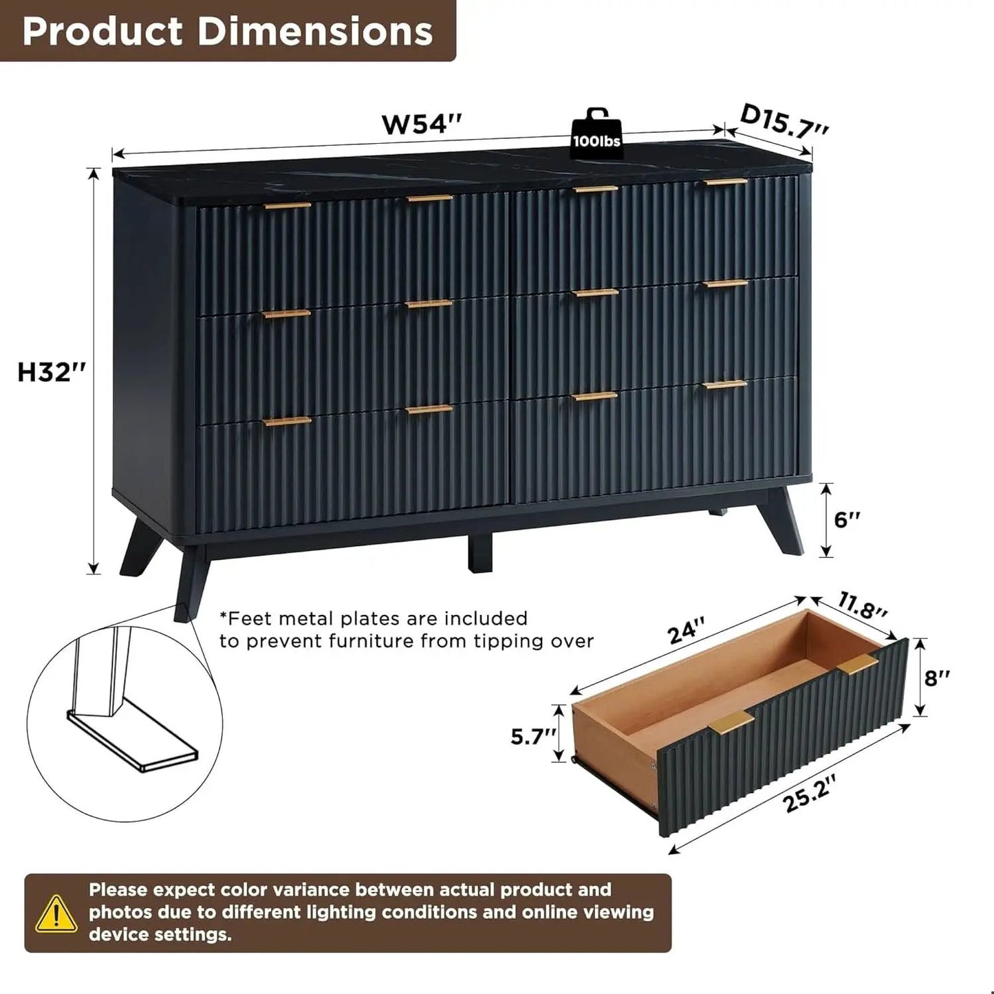54 Inch Fluted Dresser With Dark Gray Faux Marble Top from PriceLows™
