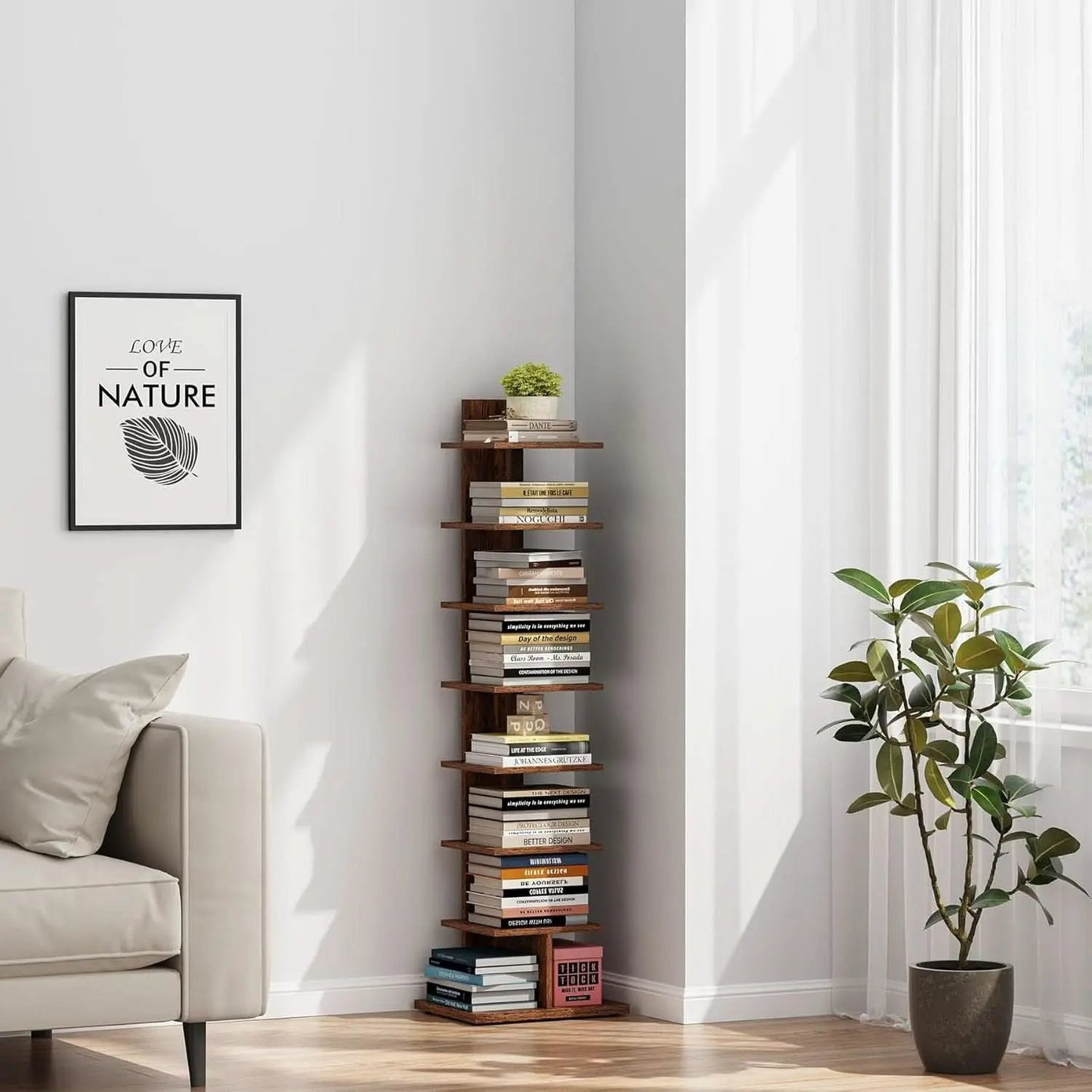 Vertical Bookshelf 8 Tier Rustic Brown Corner Shelf from PriceLows™