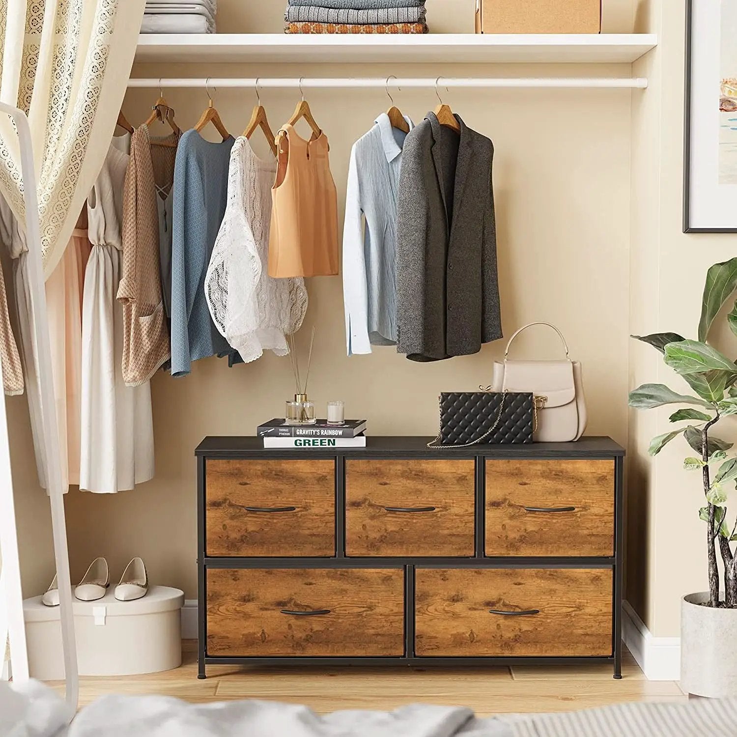 Rustic Wood 5 Drawer Dresser For Bedroom Storage Cabinet from PriceLows™
