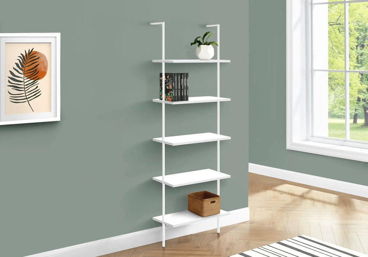 5 Tier Ladder Etagere Bookcase | 72 Inch Height | Satin Metal Frame | Open Shelves