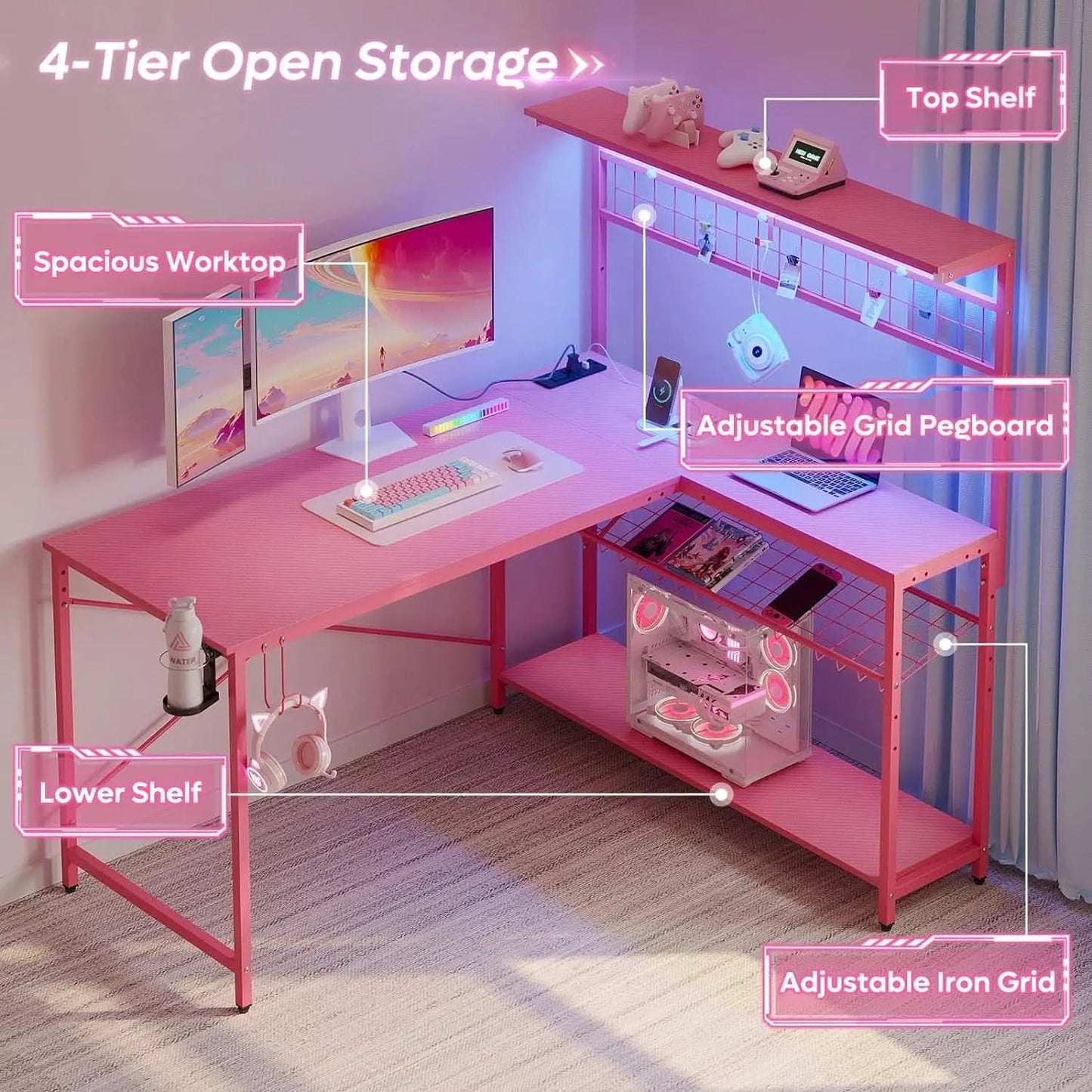 51 Inch L Shaped Gaming Desk Pink With Power Outlets And LED Lights from PriceLows™