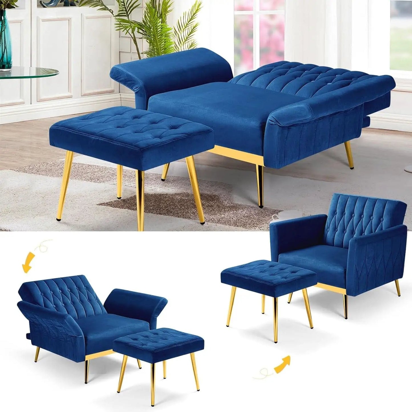 Velvet Futon Sofa Set Two Piece With Convertible Sofa Bed And Tufted Accent Chair In Blue from PriceLows™
