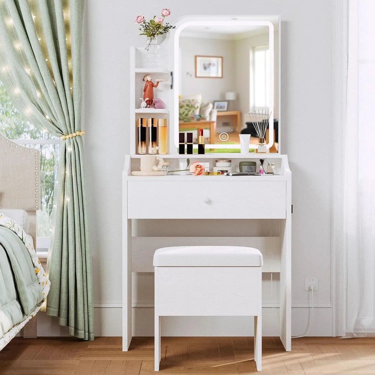 White Vanity Set With Lighted Mirror Modern Bedroom Desk from PriceLows™