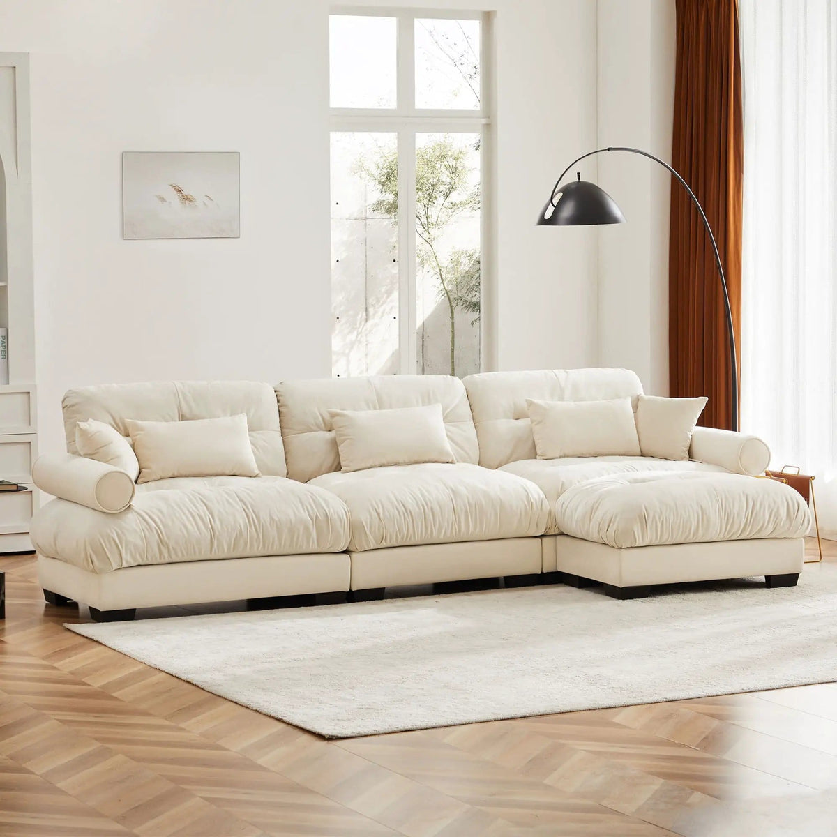 Modular Sectional Sofa | Deep Comfort Cushions | Vintage Fabric Ottoman