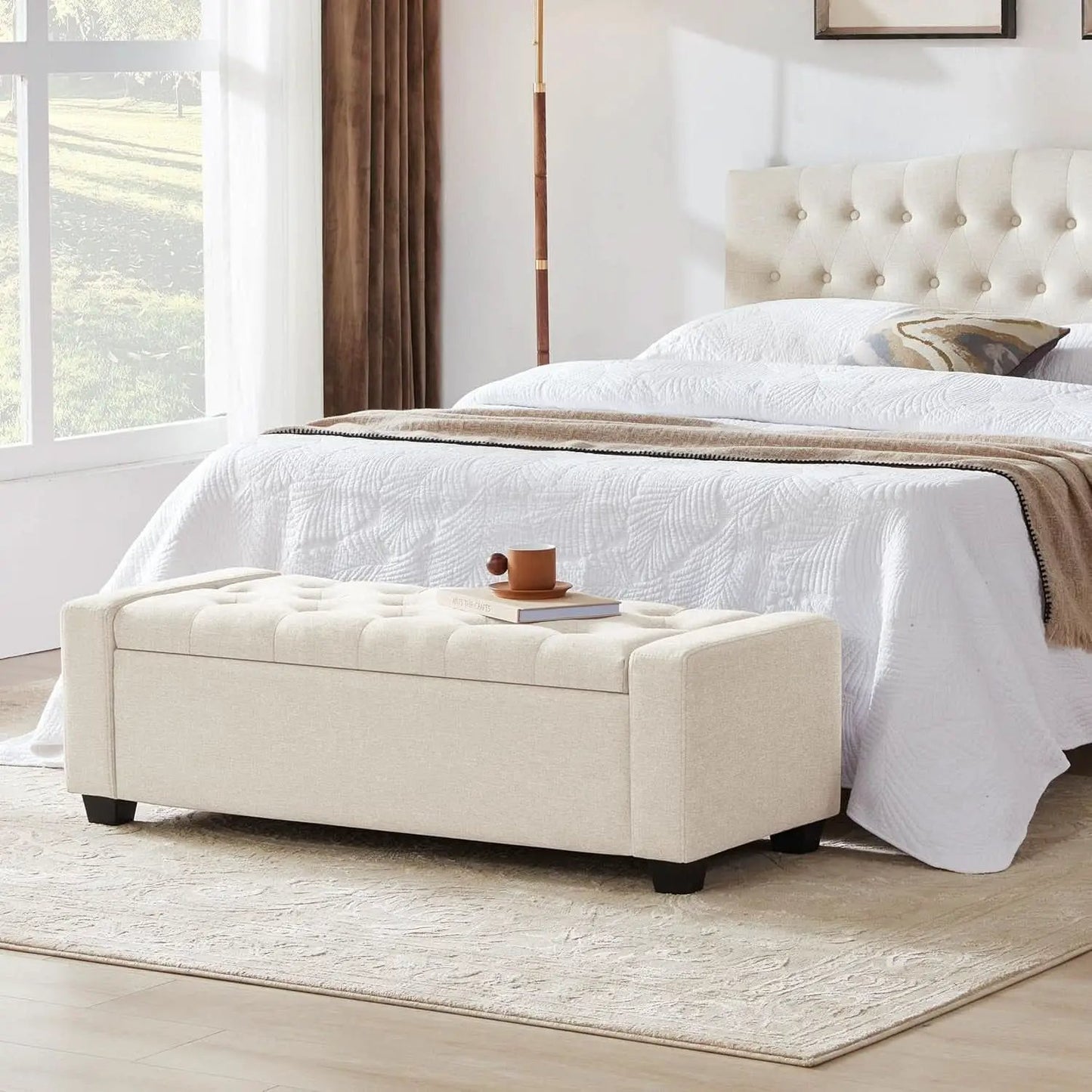 48 Inch Storage Unit Ottoman Bench Upholstered Beige from PriceLows™