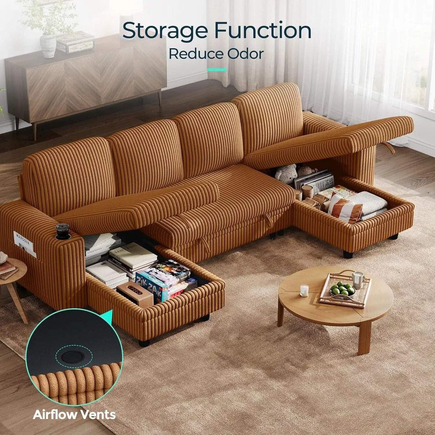 Brown UShaped Convertible Sectional Sofa Bed USBPort from PriceLows™