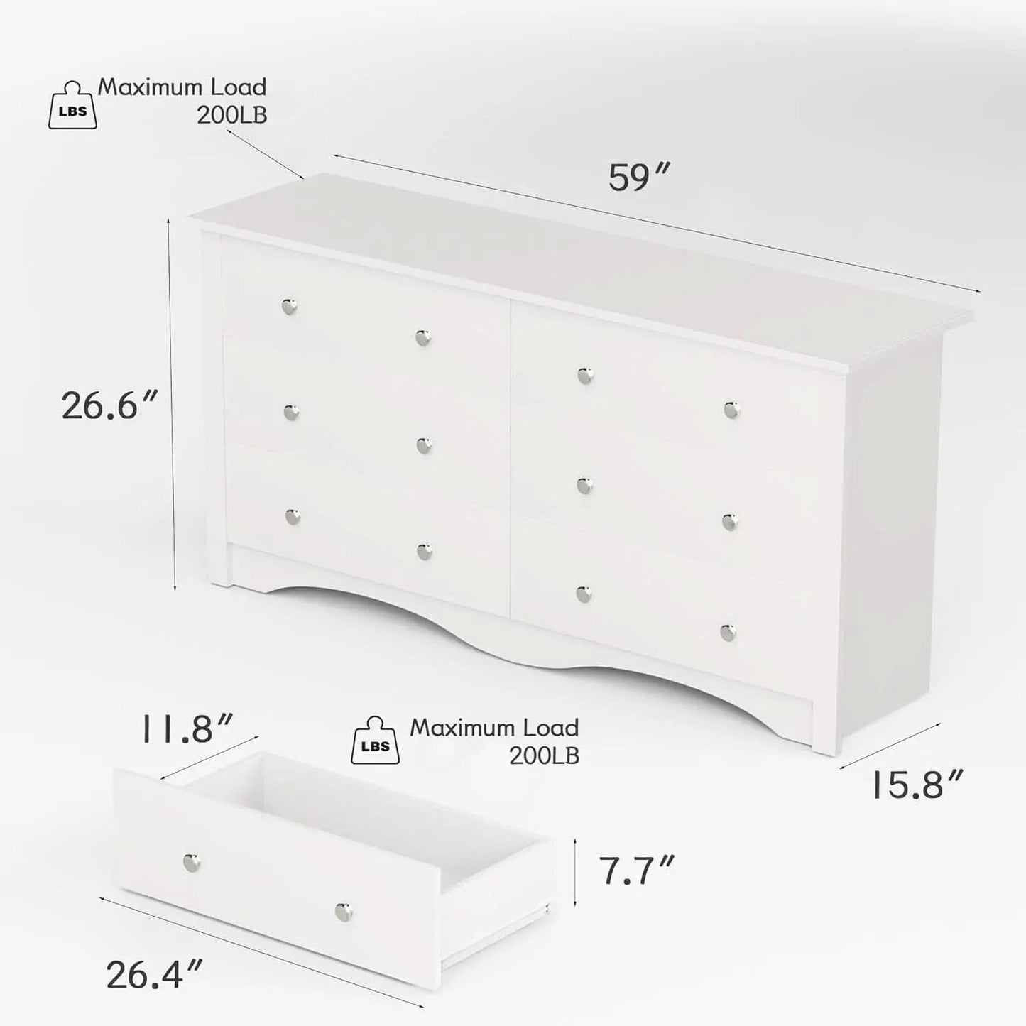 White 6 Drawer Dresser With Smooth Metal Slides Storage from PriceLows™
