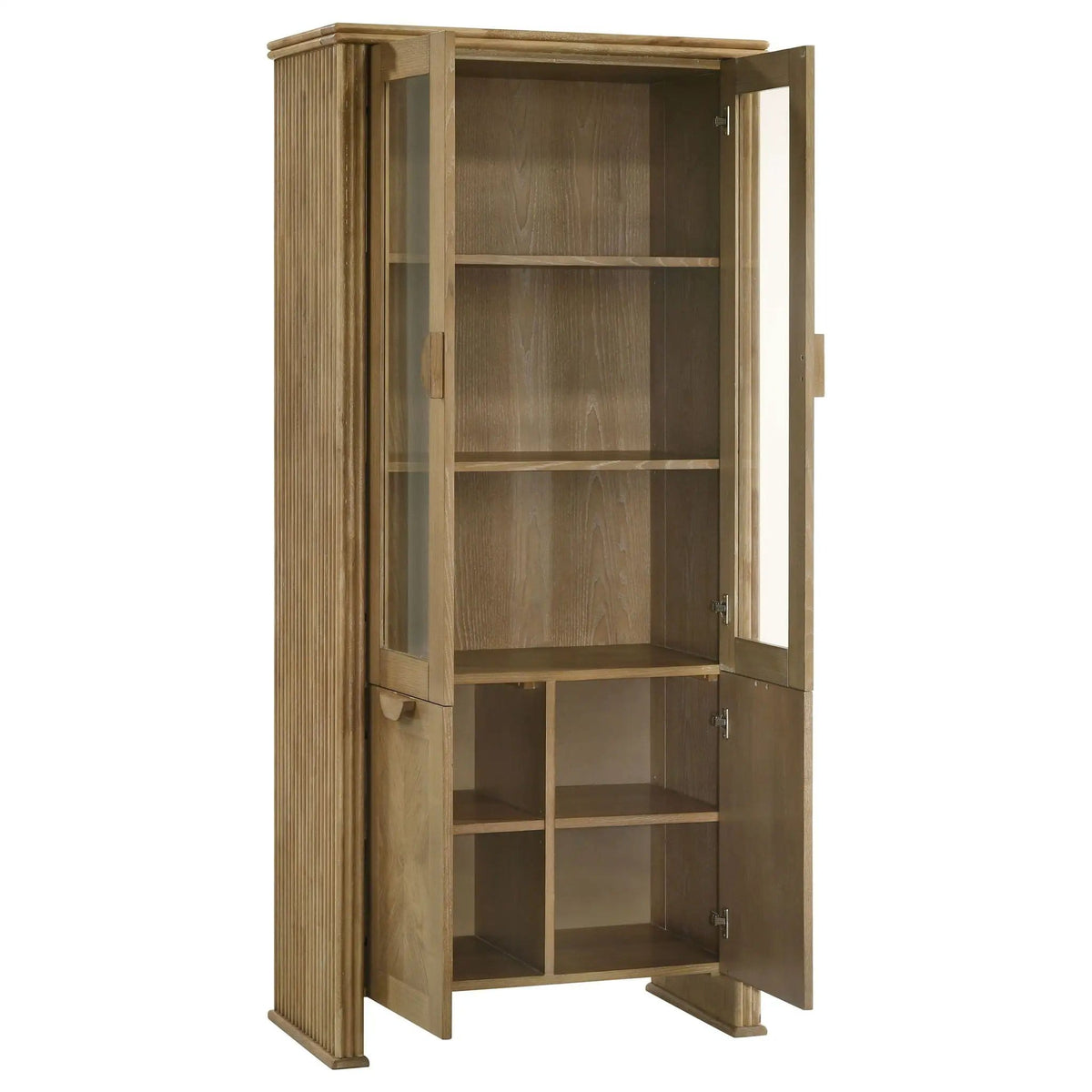 Adina 77-inch Tall Display Cabinet Distressed Light | 35 x 17.75 x 76.5 in | Rubberwood & Engineered Wood | Brown