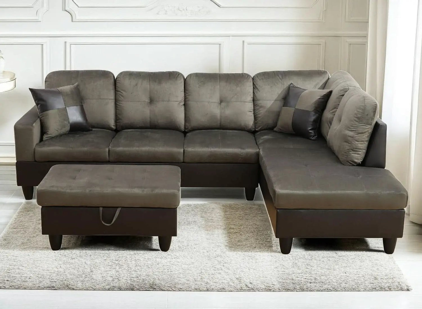 Taupe 105 Inch L Shaped Sectional Sofa With Storage Ottoman from PriceLows™