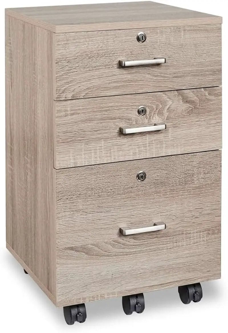 Oak 26 Inch High 3 Drawer File Cabinet With Lock For Letter Size Files And Mobile Under Desk from PriceLows™