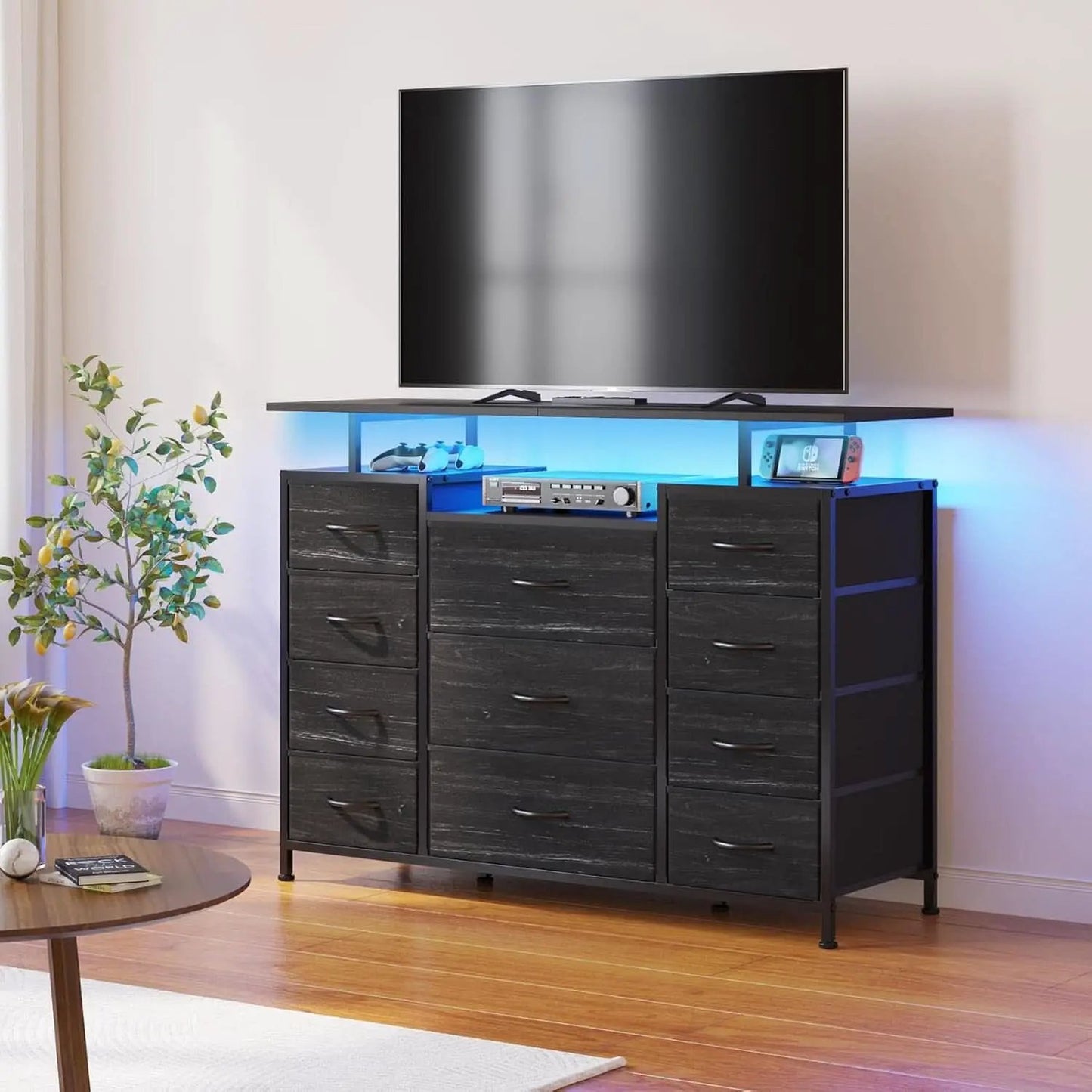 11 Drawer Dresser With Fabric Drawers, Charging Station, LED Lights And Shelves, Black Wood Veins from PriceLows™