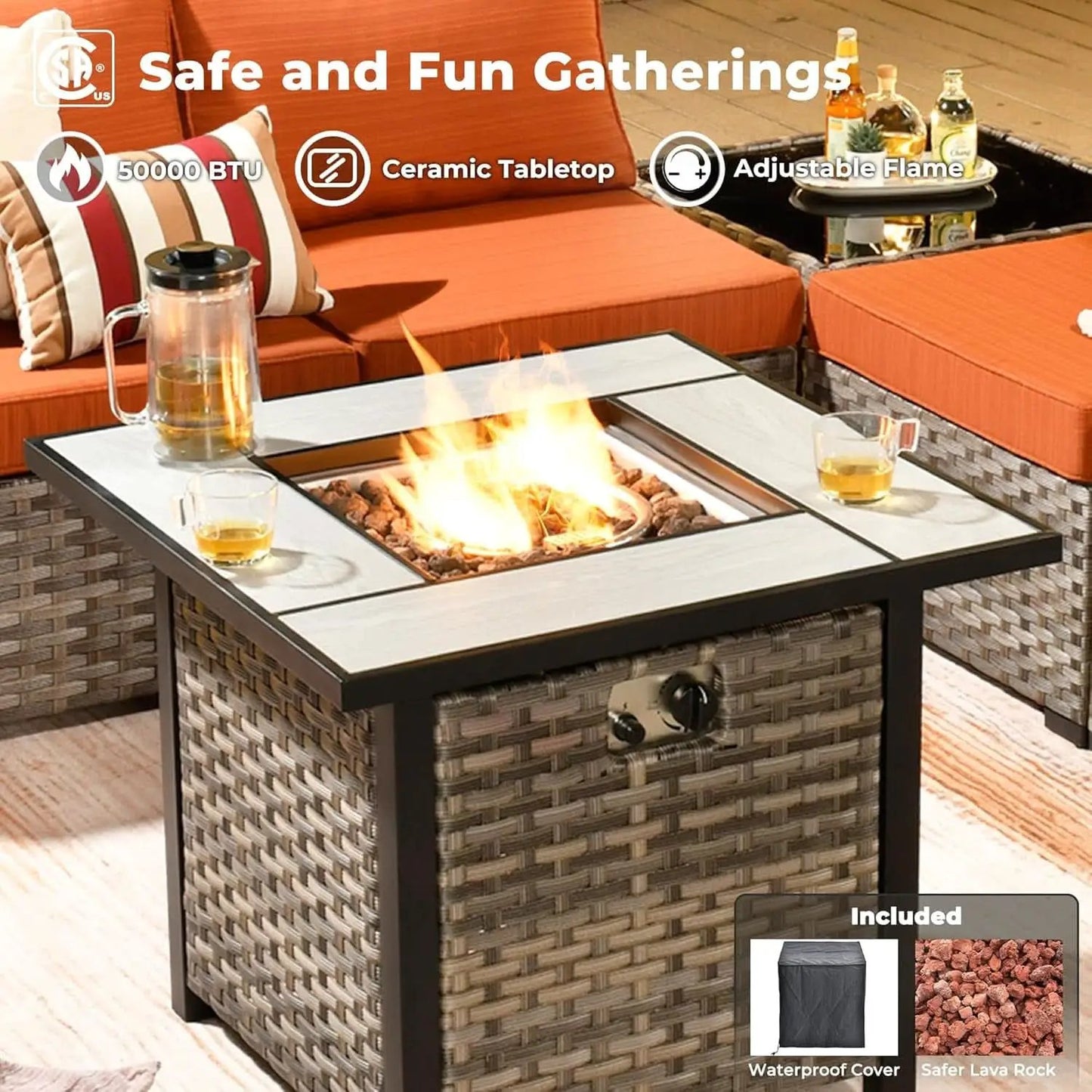 Modular Outdoor Wicker Sofa Set with Fire Pit from PriceLows™