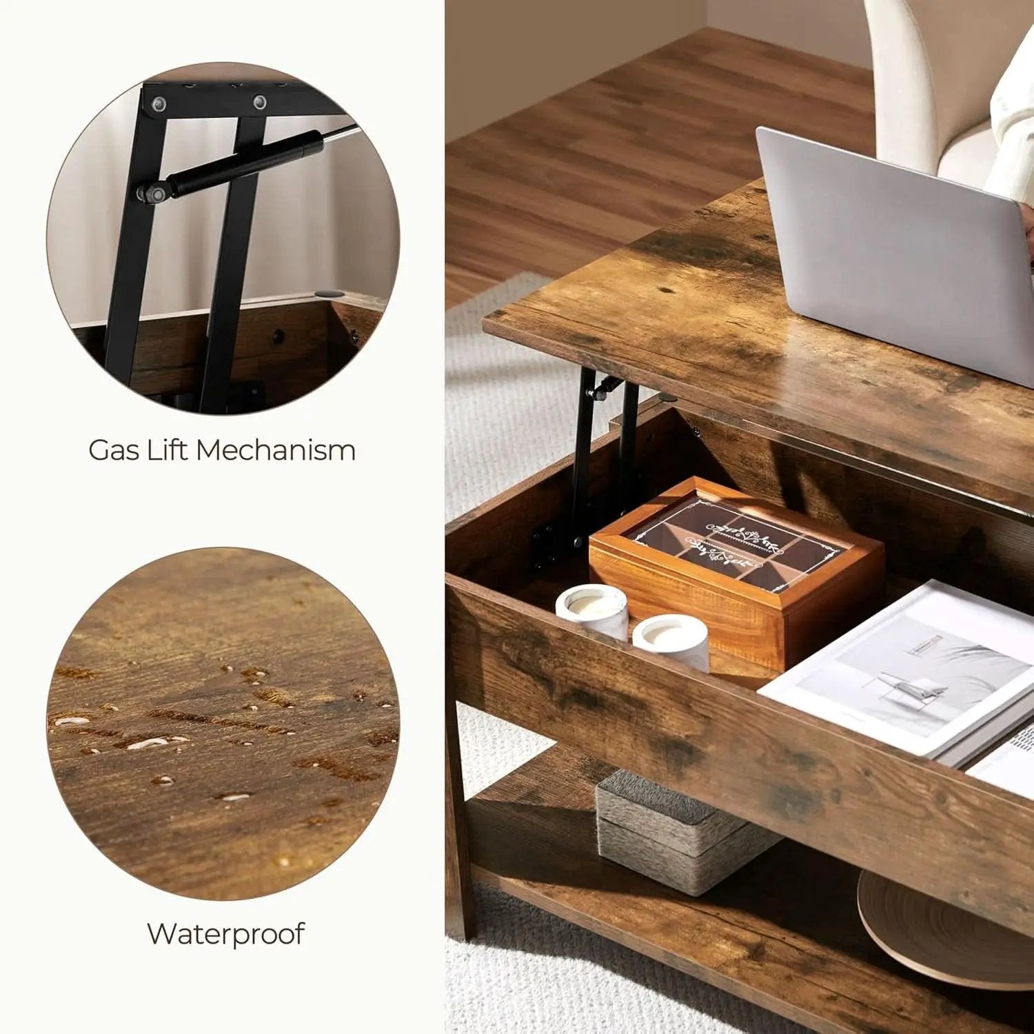 Coffee Table 47.5 Inch Lift Top With Hidden Compartment Rustic Brown from PriceLows™
