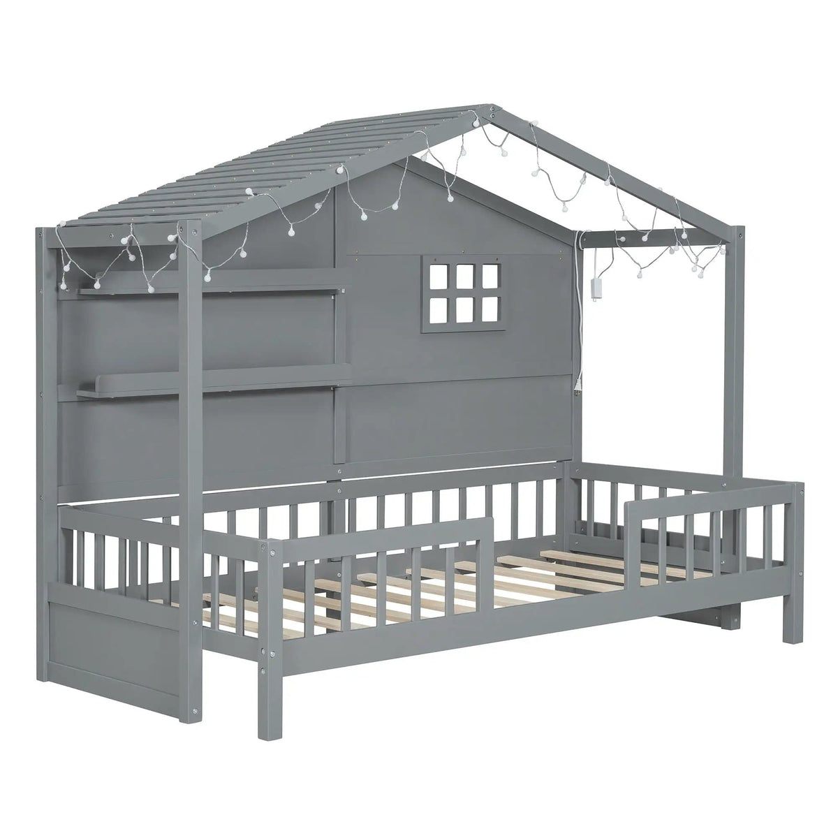 House Bed With Shelves, Window And Sparkling Light Strip On The Roof | 2 Pieces | Bedroom Furniture | Bedroom