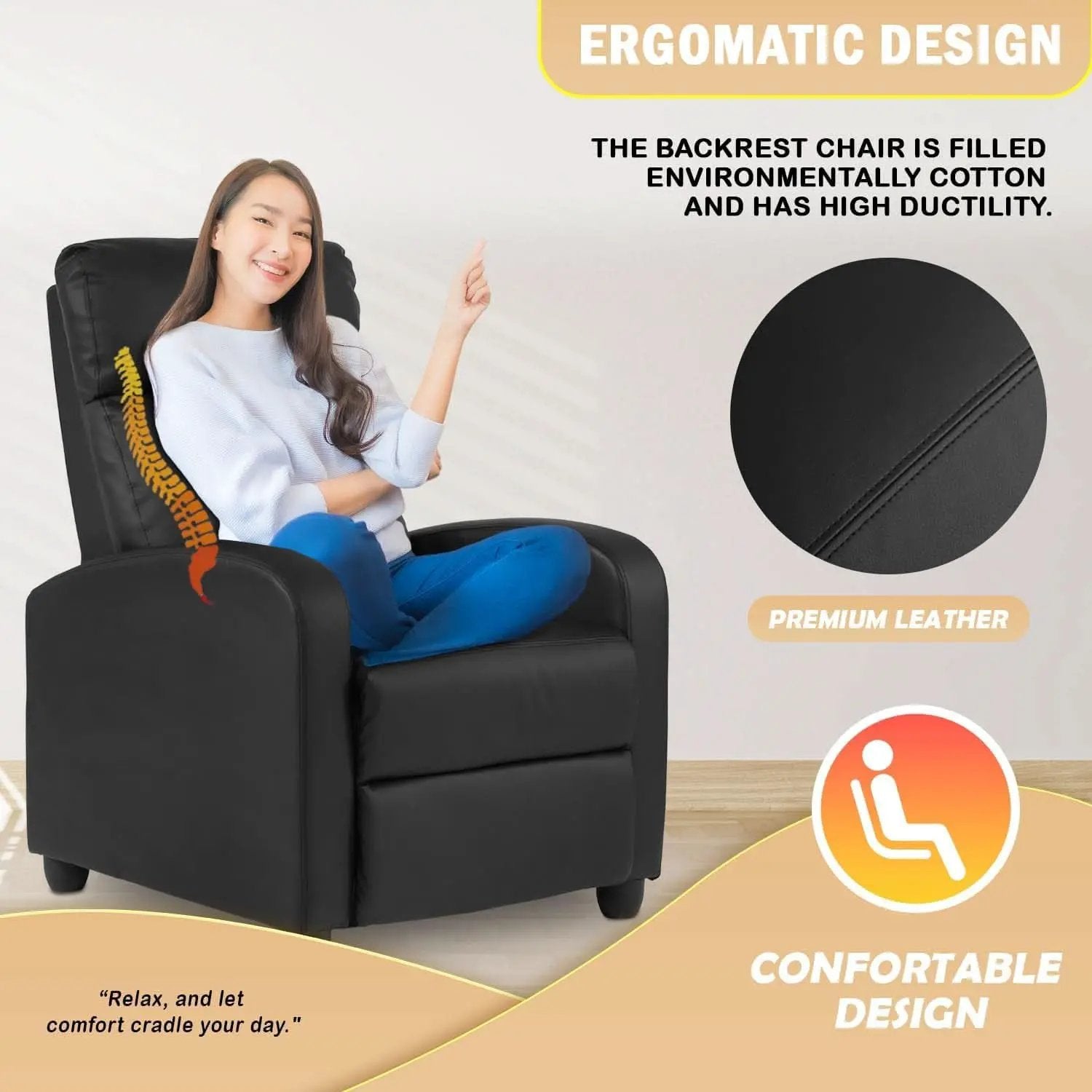 Black Leather Recliner Chair With Lumbar Support For Living Room from PriceLows™