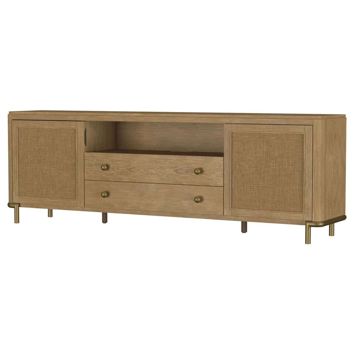 Arini Rattan Cane 2-door TV Stand Media Console Sand Wash | 79.5 x 16 x 26 in | Rattan & Metal | Living Room