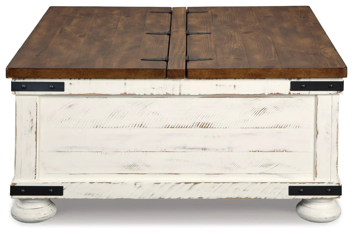 Wystfield Cocktail Table | White And Brown | Distressed Vintage Finish | Door Storage