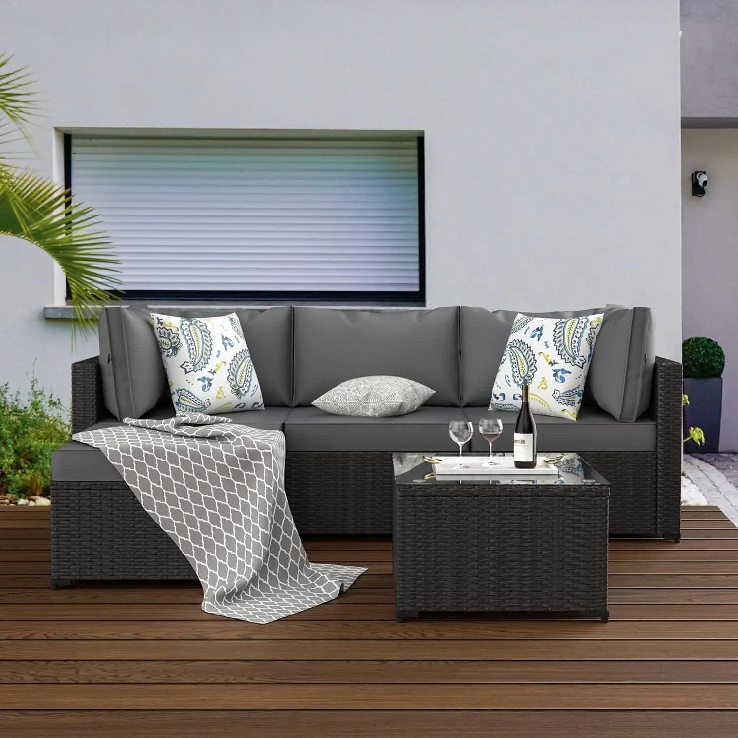5 Piece Patio Furniture Set Waterproof Rattan Grey Cushions from PriceLows™