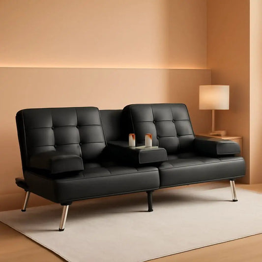 Futon Sofa Bed Black PU Leather With Cupholders Modern from PriceLows™
