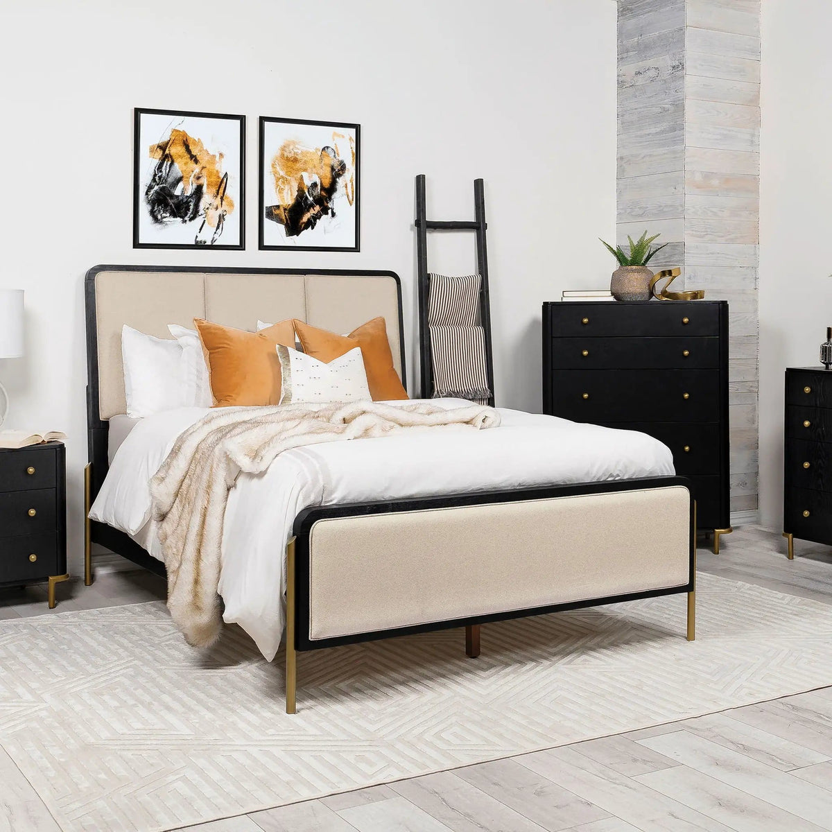 Arini 56-inch Eastern King Panel Bed Cream and | 81.25 x 92.5 x 56.25 in | Metal & Veneer | Black