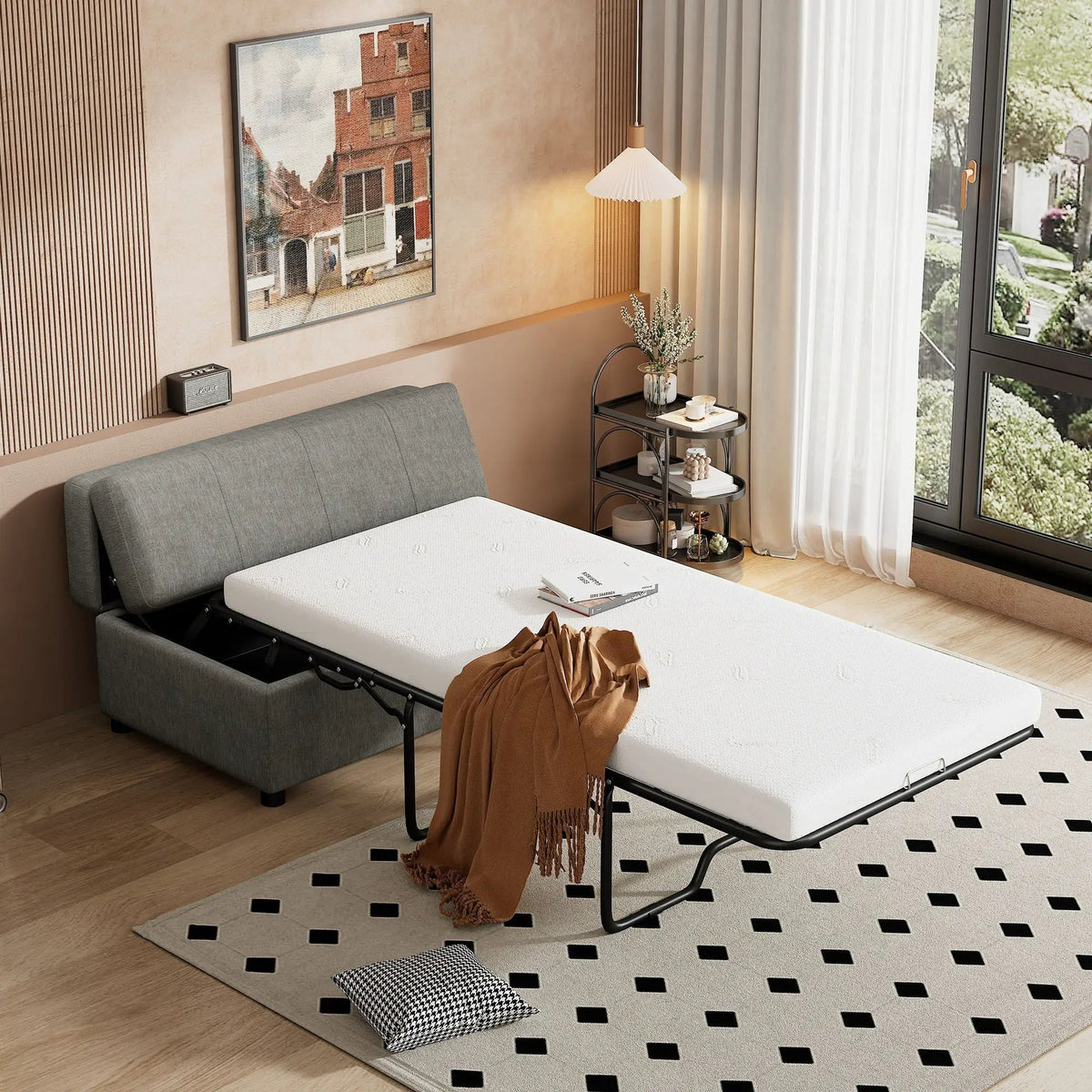 Twin Size Folding Ottoman Sleeper Bed | Includes Mattress | Convertible Guest Bed | High-Density Foam