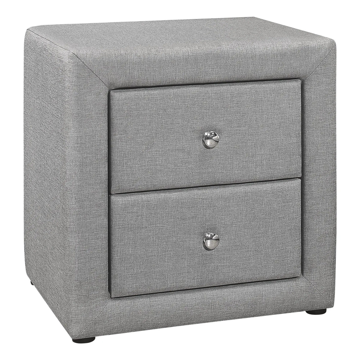 Upholstered Nightstand | Transitional Style | Two Storage Drawers | Metal Drawer Knobs