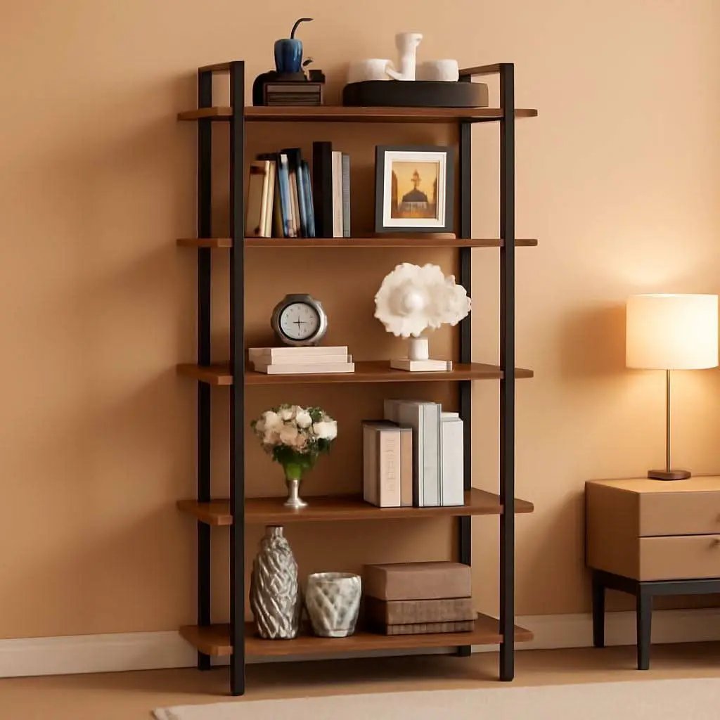 Industrial Rustic 5 Tier Etagere Bookshelf With Metal Frame from PriceLows™