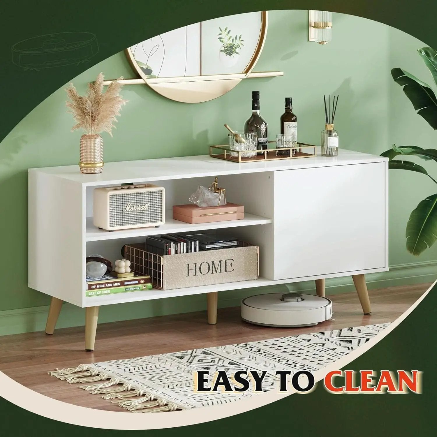 55-Inch TV Stand White Mid-Century Modern Storage Shelves from PriceLows™