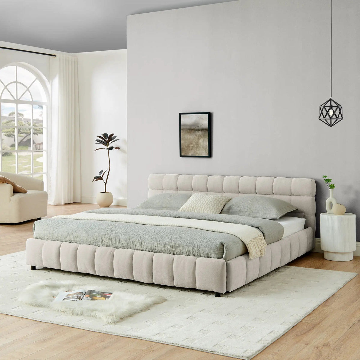 Modern Platform Storage Bed Frame | Thick Fabric Upholstery | Soft Headboard | Solid Construction